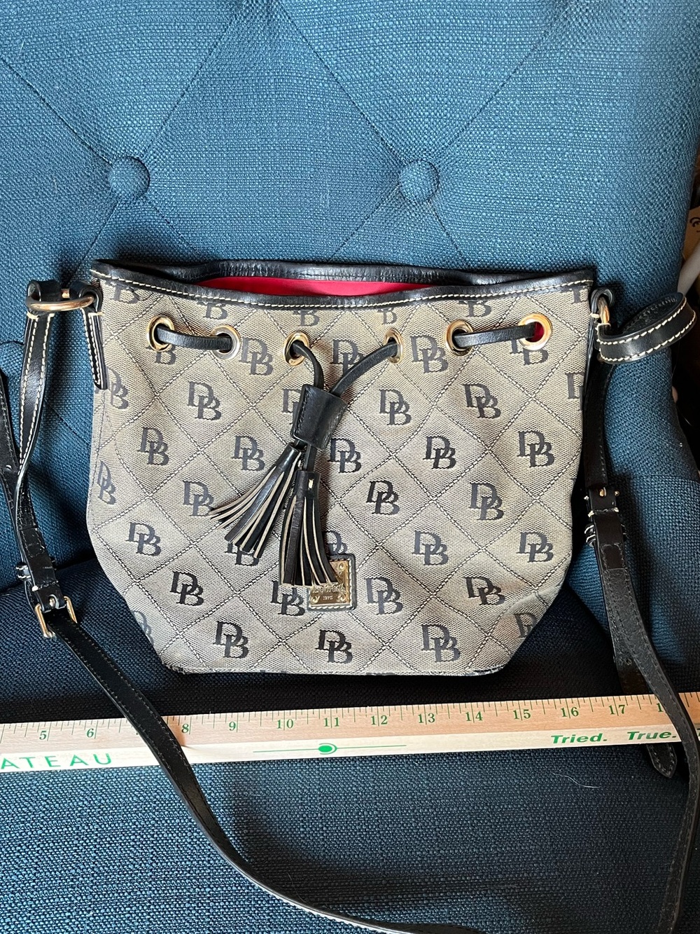 Dooney & Bourke Gray Logo Drawstring Bucket Shoulder Bag with Black Trim